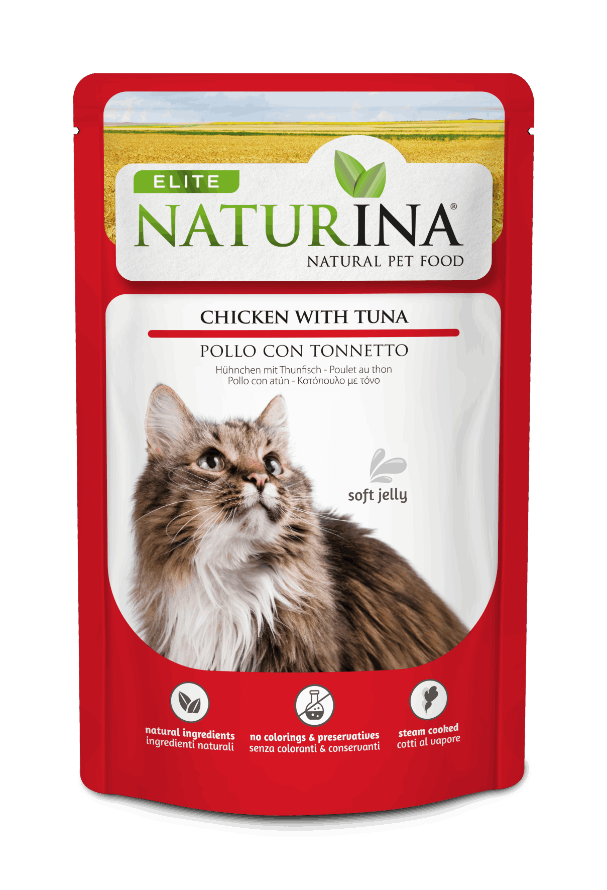 NATURINA ELITE DRĖGNAS VIŠTA SU TUNU ŽELĖJE 70G - KONSERVUOTI KATĖMS (VIŠTA SU TUNU ŽELĖJE)