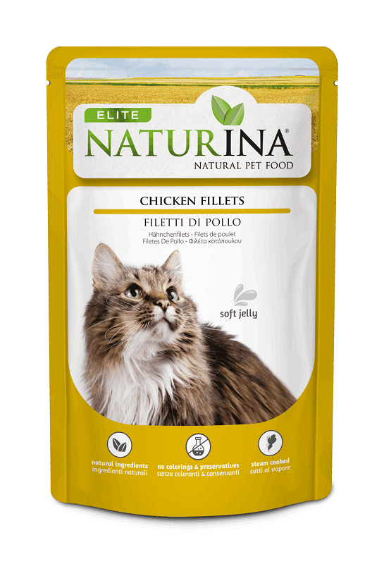 NATURINA ELITE DRĖGNI VIŠTIENOS SKIČIAI ŽELĖJE 70G - KONSERVAI KATĖMS (VIŠTIENOS GABALĖLIAI ŽELĖJE)