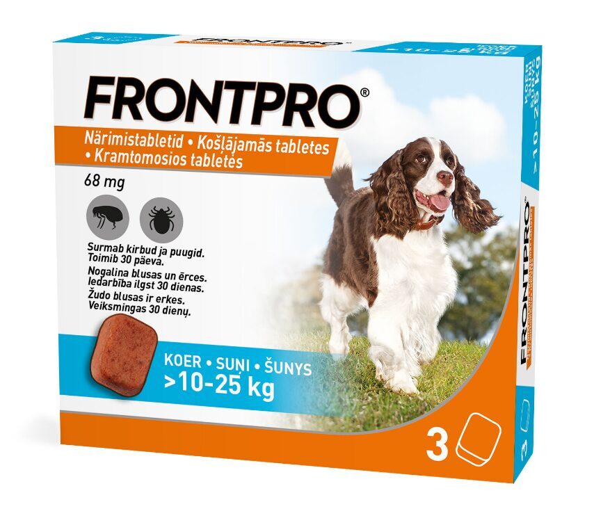 FRONTPRO 68MG KRAMTYMOJAMOS TABLETĖS ŠUNIMS (>10-25KG) L N1 (1 tablete) - nuo blusų ir nuo erkės kramtomosios tabletės