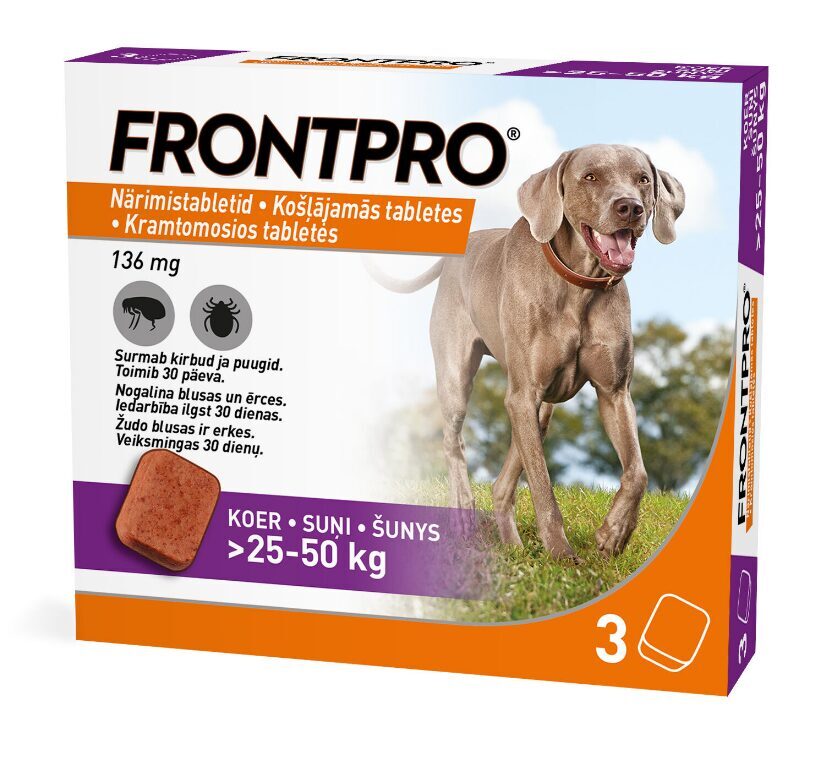 FRONTPRO 136MG KRAMTOMŲJŲ TABLEČIŲ ŠUNIMS (>25-50KG) XL N1 (1 tabletė) - nuo blusų ir erkių kramtomosios tabletės