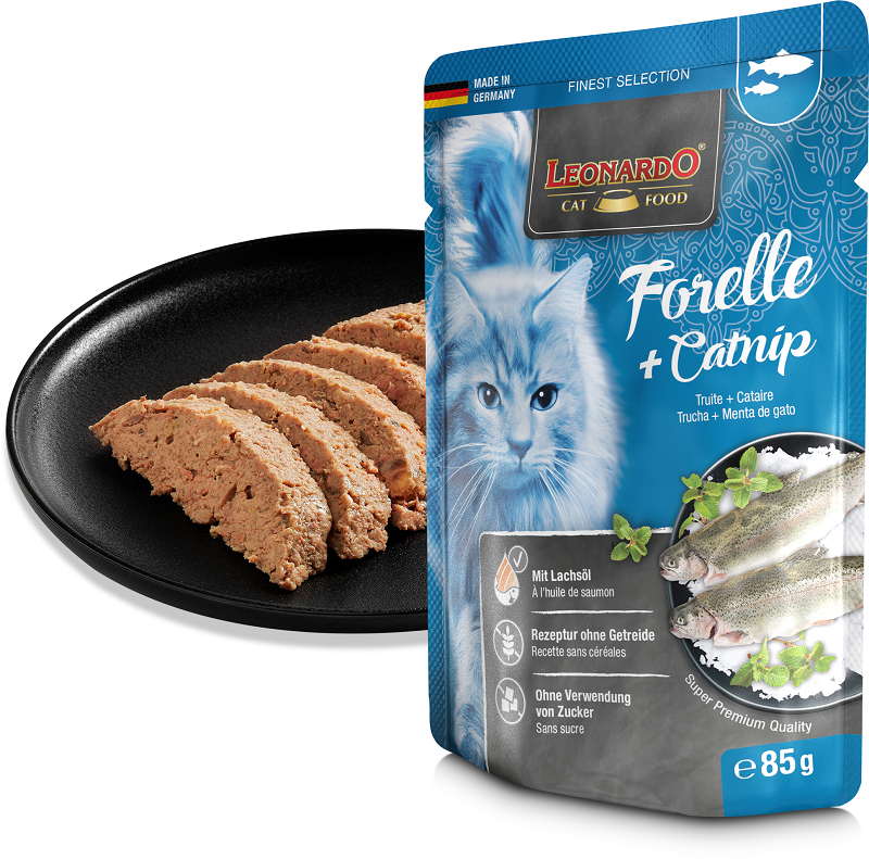 LEONARDO konservai katėms su upėtakiu ir katžole 85 g