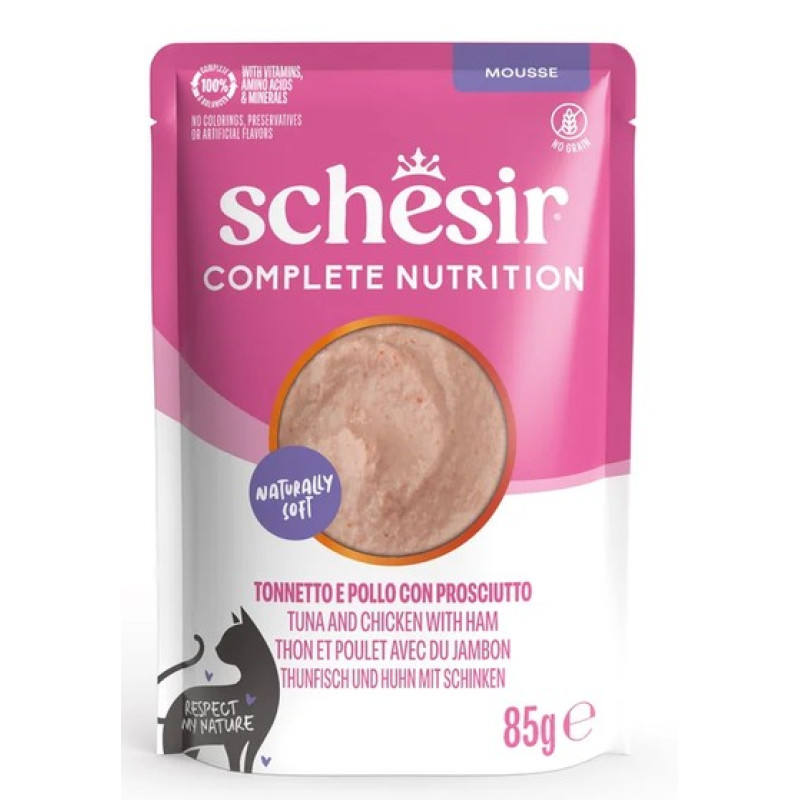 Schesir Cat Tuna, Chicken and Ham In Mousse 85g - pilnavertis maistas - tuno, vištienos ir kumpio musas