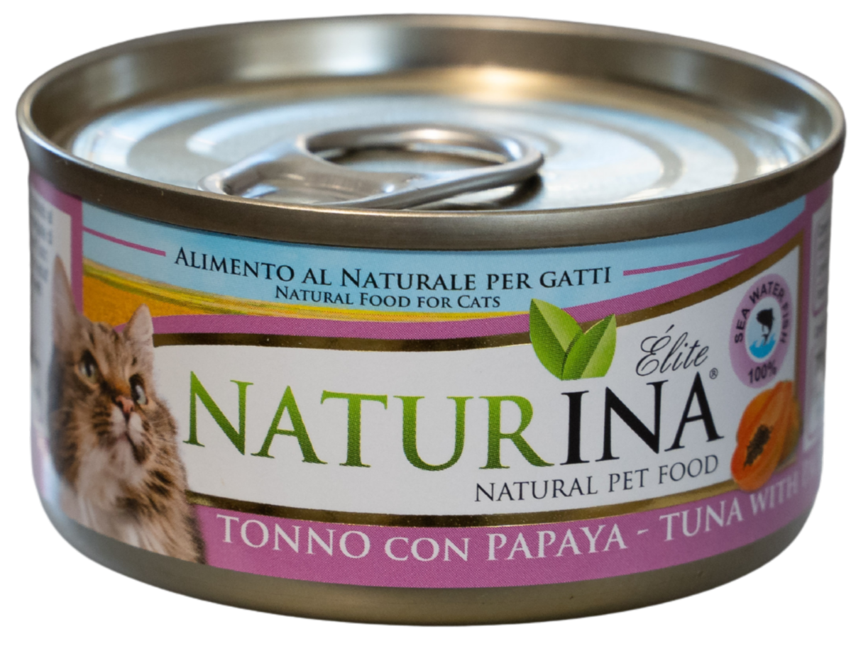 NATURINA ELITE TUNA SU PAPAJA 70G - KONSERVUOTAS KATĖMS TUNAS SU PAPAJA
