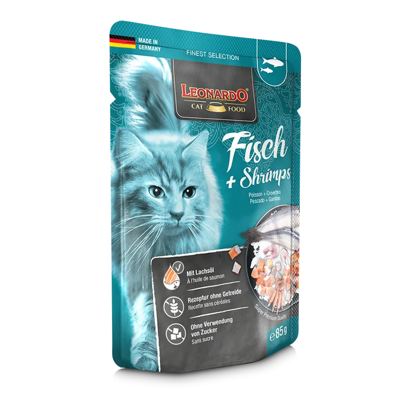 LEONARDO CAT FISH&SHRIMP 85G - MAISTAS KATĖMS SU ŽUVIMIS IR KREVĖTĖMIS