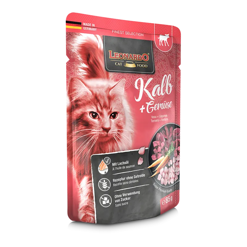 LEONARDO CAT VEAL&VEGETABLES 85G - MINKŠTAS MAISTAS KATĖMS SU VERŠIENOS MĖSA IR DARŽOVĖMIS