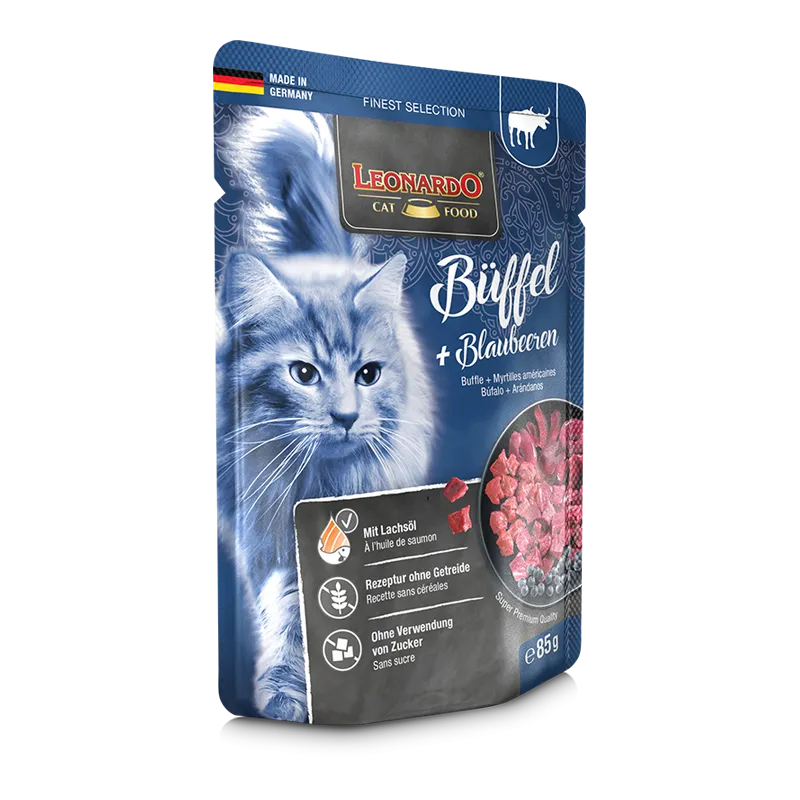 LEONARDO WATER BUFFALO&BLUEBERRIES 85G - KATĖMS SKIRTA MAISTO DALIS SU VANDENS BIFŠTEKU IR MĖLYNĖMIS