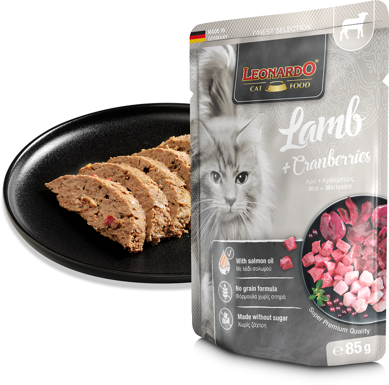LEONARDO CAT LAMB&CRANBERRIES 85G - MAISTAS KATEMS SU AVIENOS MĖSA IR SPANGAIS