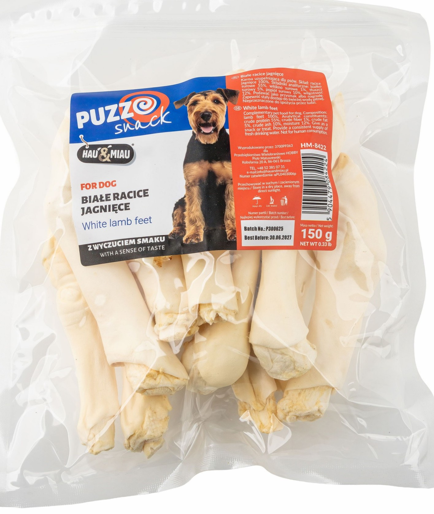 HAU & MIAU šunų užkandis, avienos kepenų traškėsiai 6x3cm, 150 g - papildas šunims, baltos avies kojos su nagais