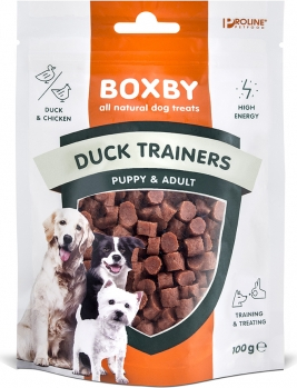 BOXBY DUCK TRAINERS 100g - papildomas maistas šuniukams ir suaugusiems šunims, gabalėliai su antienos mėsa.