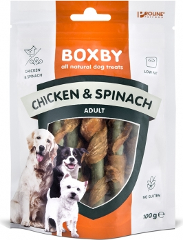 BOXBY CHICKEN & SPINACH STICKS 100G - papildomas maistas suaugusiems šunims, su vištiena ir špinatais.