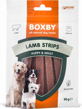 BOXBY JĖROS JUOSTELĖS ŠUNIMS 90G - papildomas maistas šuniukams ir suaugusiems šunims, gabaliukai su jėros mėsa.