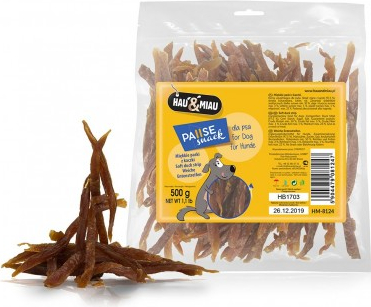HAU & MIAU minkšti anties juostelių gabaliukai, 500 g - papildomas maistas šunims, džiovintos pilies mėsos strimeliai