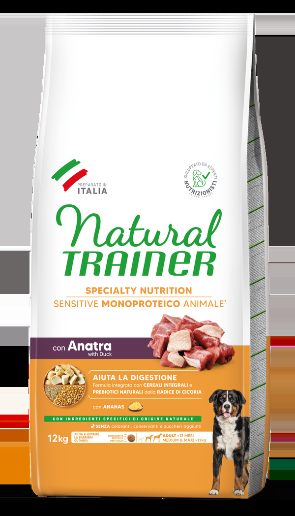 NATURAL TRAINER DOG SENSITIVE NO GLUTEN MEDIUM/MAXI ADULT DUCK 10+2 KG - visavertis be gliuteno maistas suaugusiems šunims. Su antienos mėsa.