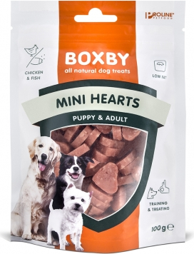 BOXBY PUPPY SNACKS MINI HEARTS 100G - papildoma maisto šuneliams ir suaugusiems šunims, širdelės su vištienos mėsa ir žuvimi.