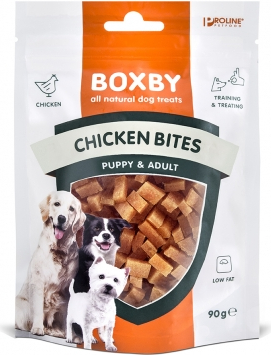 BOXBY CHICKEN BITES 90G - papildomas maistas šunims nuo 9 mėnesių amžiaus, vištienos gabalėliai