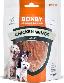 BOXBY CHICKEN WINGS 100G - papildomas maistas suaugusiems šunims, džiovinti vištienos gabaliukai.