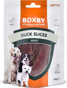 BOXBY DUCK SLICES FOR DOGS 90G - papildomas maistas suaugusiems šunims, gabaliukai su antis mėsa