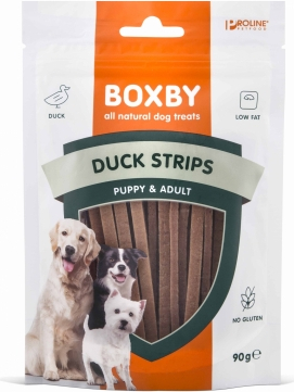 BOXBY ANTIES JUOSTELĖS SUŅIAMS 90G - papildoma mityba šuniukams ir suaugusiems šunims, su anties mėsa.