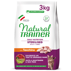 NATURAL TRAINER CAT STERILISED TURKEY 3KG - pilnavertė sausa pašarų su kalakuto mėsa suaugusiems sterilizuotiems katinams