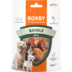 Boxby Bagels Chicken & Lamb 100g - papildomas maistas suaugusiems šunims, bageliai su avienos ir vištienos mėsa, apibarstyti sezamo sėklomis, suteikiančiomis jiems unikalų riešutų skonį.