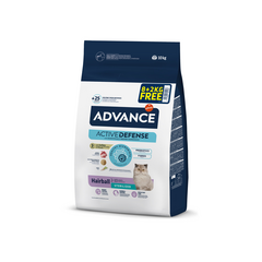ADVANCE CAT STERILIZED HAIRBALL 8+2 KG - pilnavertė sausa pašara sterilizuotiems suaugusiems katėms, turintiems virškinimo sistemos problemų ir kenčiantiems nuo plaukų rutuliukų susidarymo skrandyje-žarnyne. Su tetervinių mėsa ir miežiais
