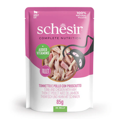 Schesir Cat Tuna and Chicken with Ham 85g - tunecis, vištienos filė ir kumpis želėje