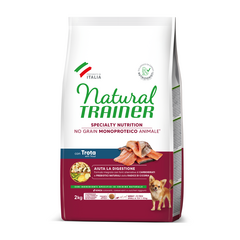 NATURAL TRAINER DOG NO GRAIN MONOPROTEICO ANIMALE ADULT SMALL&TOY TROUT 2 KG - pilnaverčia monoproteino pašara suaugusiems mažų dydžių šunims (1-10kg) nuo 10 mėnesių amžiaus. Su upėtakiu.