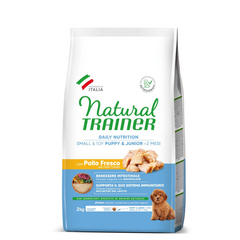 NATURAL TRAINER DOG SMALL&TOY PUPPY & JUNIOR 2KG - visiškai subalansuota mityba su šviežia vištiena mažų veislių šuniukams iki 12 mėn. amžiaus.