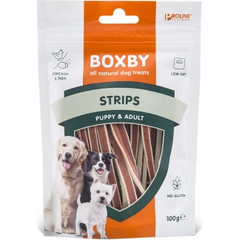 BOXBY STRIPS FOR DOGS 100G - papildomo maisto produktas šuniukams nuo 3 mėn. ir suaugusiems šunims, su vištienos mėsa ir žuvimis.