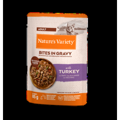 NATURE`S VARIETY Cat Bites in Gravy with Turkey 0.085 kg - полнорационный корм для взрослых кошек, консервированные кусочки индейки, приготовленные на пару в нежной подливе.