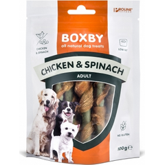 BOXBY CHICKEN & SPINACH STICKS 100G - papildomas maistas suaugusiems šunims, su vištiena ir špinatais.