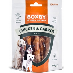 BOXBY VIŠTIENOS & MORKŲ LAŠTŲ 100G - papildomas maistas suaugusiems šunims, su vištienos mėsa ir morkomis.