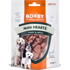 BOXBY PUPPY SNACKS MINI HEARTS 100G - papildoma maisto  šuneliams ir suaugusiems šunims, širdelės su vištienos mėsa ir žuvimi.
