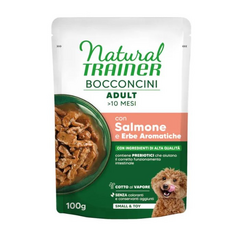NATURAL TRAINER WET DOG S&T CHUNKS SALMON 100 G - pilnavertė maistas mažų veislių šunims, gabalėliai su lašiša sultyse.
