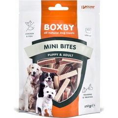 BOXBY CHICKEN MINI BITES PUPPY&ADULT 100G - papildomas maistas šuniukams nuo 3 mėn. ir suaugusiems šunims. Su vištiena ir žuvimis.
