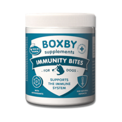 BOXBY IMMUNITY BITES 240g - papildomas maistas šunims nuo 4 mėn., skatina šuns imuninę sistemą ir mažina niežtinčios odos diskomfortą.