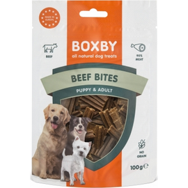 Boxby Beef Bites 100g - papildoma mityba suaugusiems šunims, jautienos gabalėliai. Puikiai tinka šuns mokymui ir apdovanojimui.