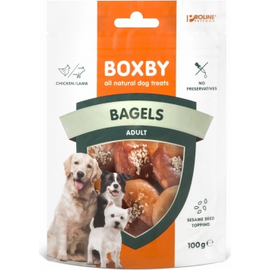 Boxby Bagels Chicken & Lamb 100g - papildomas maistas suaugusiems šunims, bageliai su avienos ir vištienos mėsa, apibarstyti sezamo sėklomis, suteikiančiomis jiems unikalų riešutų skonį.