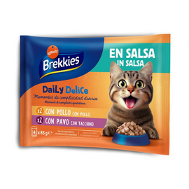 Brekkies Daily Delice Wet Cat Adult Chicken & Turkey 4x85 gr - konservai suaugusiems katėms, su vištienos ar kalakuto mėsa.