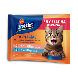 Brekkies Daily Delice Wet Jelly Adult Salmon & Tuna 4x85 gr - konservai želėje suaugusiems katėms, su lašiša ar tunu