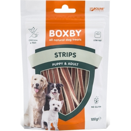 BOXBY STRIPS for DOGS 100G - дополнительный корм для щенков от 3 месяцев и взрослых собак, с курицей и рыбой.