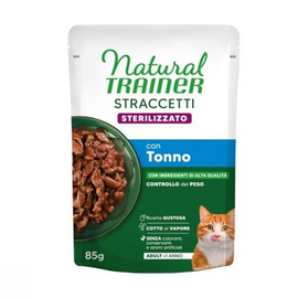 NATURAL TRAINER WET CAT STRACCETTI STERILIZED TUNA 85 G - pilnaverčiai maistas suaugusiems sterilizuotiems katinams, gabaliukai su tunu patiekale.