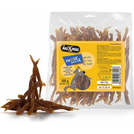 HAU & MIAU minkšti anties juostelių gabaliukai, 500 g - papildomas maistas šunims, džiovintos pilies mėsos strimeliai