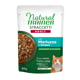 NATURAL TRAINER WET CAT ADULT COODFISH 85 G - pilnavertis maistas suaugusiems katėms, menkių ir mėsos gabaliukai sultyse.