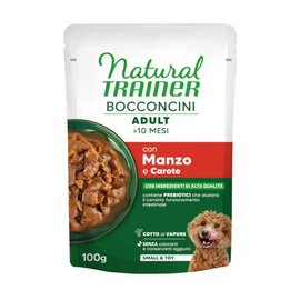 NATURAL TRAINER WET DOG S&T CHUNKS BEEF 100 G - visiškai subalansuotas maistas mažų veislių šunims, jaučių mėsos gabaliukai patiekiami padaže.