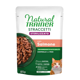 NATURAL TRAINER WET CAT STRACCETTI STERILIZED SALMON 85 G - visavertė mityba suaugusiems sterilizuotiems katėms, gabalėliai su lašiša patiekale.