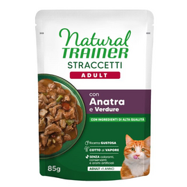 NATURAL TRAINER WET CAT ADULT DUCK 85 G - pilnavertė ir subalansuota mityba suaugusiems katinams, gabalėliai antienos mėsos padažu.