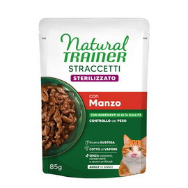 NATURAL TRAINER WET CAT STRACCETTI STERILIZED BEEF 85 G - pilnaverčio maisto šaltinis suaugusiems sterilizuotiems katėms, jautienos gabaliukai padažu.