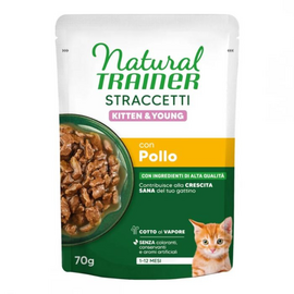 NATURAL TRAINER WET CAT STRACCETTI KITTEN CHICKEN 70 G - subalansuota šėrimas katinėliams nuo 1 iki 12 mėnesių amžiaus. Vistienos gabaliukai paskendinti sultenyse.