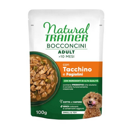 NATURAL TRAINER WET DOG S&T CHUNKS TURKEY 100 G - pilnavertė maisto medžiagų mažų veislių šunims, peruūlės mėsos gabalėliai sultyse.